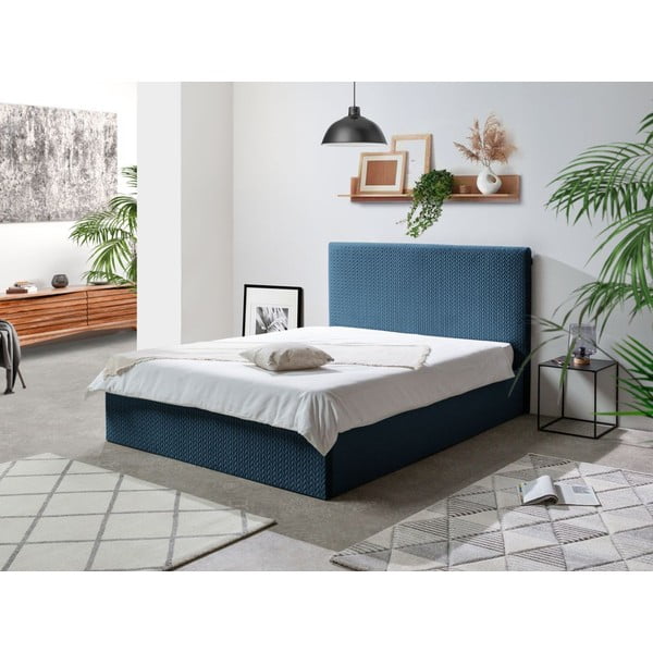 Tamsiai mėlyna minkšta dvigulė lova su daiktadėže ir grotelėmis 160x200 cm Adele - Bobochic Paris-image-1