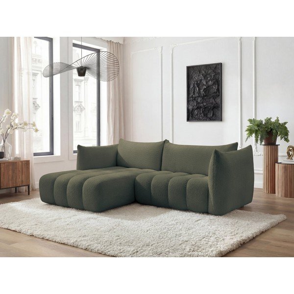 Žalios spalvos kampinė sofa iš boucle (su kairiuoju kampu/su gultu) Azra – Bobochic Paris-image-1