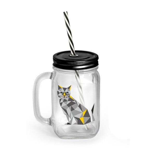 Stiklinė su dangteliu ir šiaudeliu Vialli Design Mia Natura Cat, 450 ml