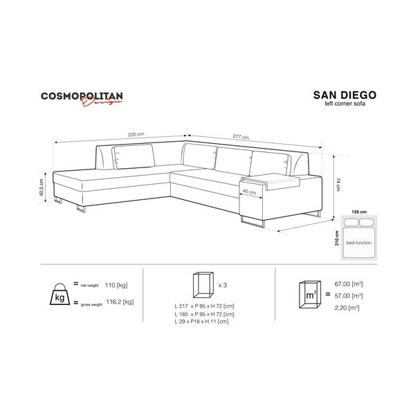"Cosmopolitan Design" San Diego pilka sofa lova, kairysis kampas-image-2