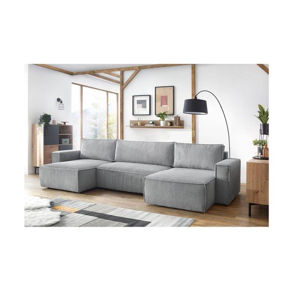 Sulankstoma kampinė sofa šviesiai pilkos spalvos iš kordinio velveto („U“ formos) Nihad – Bobochic Paris-image-1