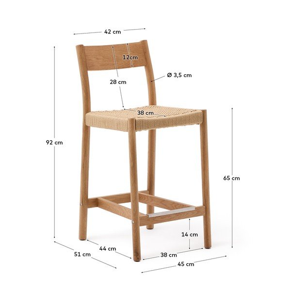 Natūralios spalvos iš ąžuolo masyvo baro taburetė (sėdynės aukštis 65 cm) Yalia – Kave Home-image-3