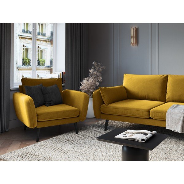 Geltonas aksominis krėslas su juodomis kojomis Kooko Home Lento-image-4