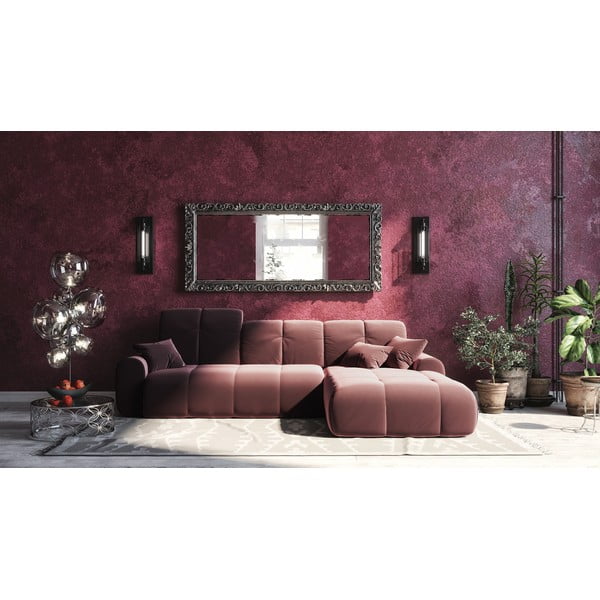 Tamsiai rožinė aksominė kampinė sofa-lova Devichy Tous, dešinysis kampas-image-4