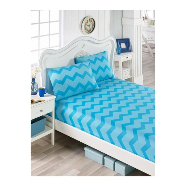 Mėlynos medvilninės paklodės ir 2 užvalkalų rinkinys viengulėlei lovai Parra Mula, 100 x 200 cm