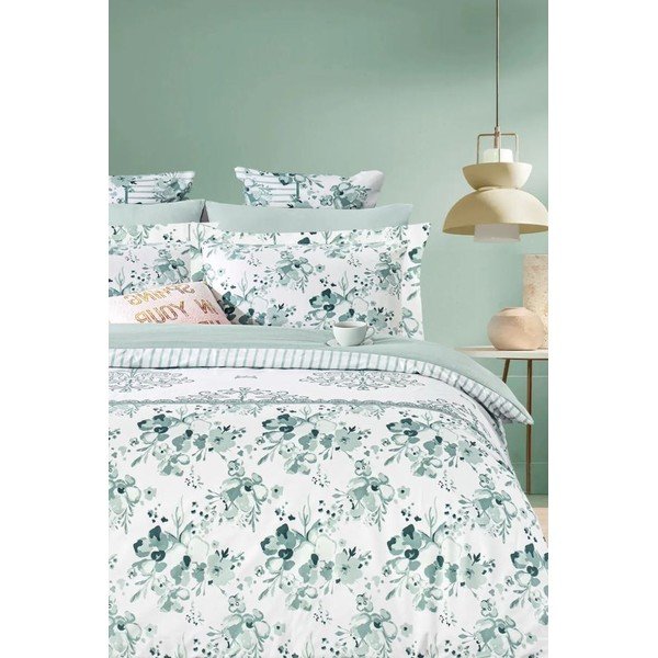 Iš ranforce medvilnės dvigulė/itin ilga patalynė baltos spalvos/žalios spalvos su paklode/4 dalių 200x220 cm – Mila Home-image-1
