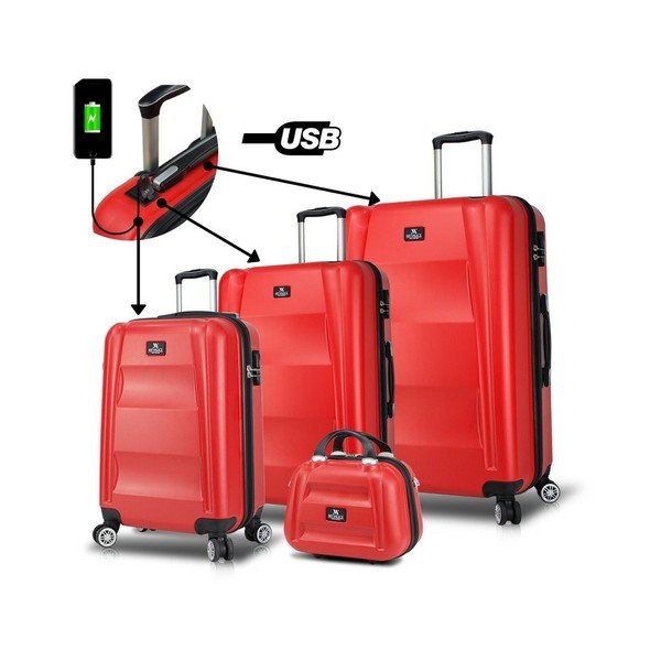 3 raudonų kelioninių lagaminų ant ratukų su USB prievadais ir rankinio bagažo dėklu rinkinys "My Valice LASSO Travel Set-image-4