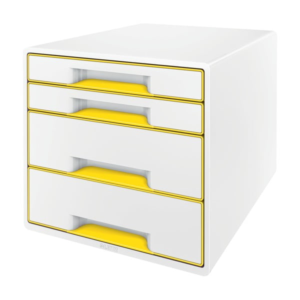 Baltos ir geltonos spalvos dėžė su stalčiais Leitz WOW CUBE, 4 stalčiai