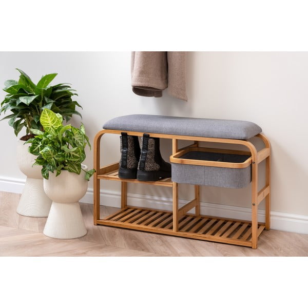 Bambukinė batų dėžutė su pilku paminkštinimu Leitmotiv Bench, plotis 70 cm-image-1