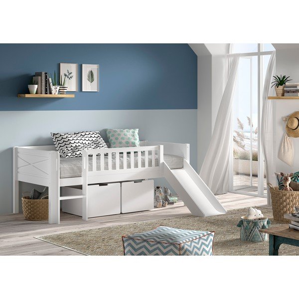 Baltos spalvos paaukštinta iš pušies masyvo vaikiška lova su sandėliavimo vieta su lovos grotelėmis 90x200 cm Scott – Vipack-image-1