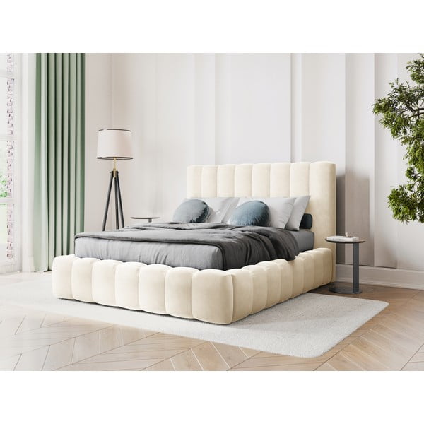 Smėlio spalvos minkšta dvigulė lova su dėže ir grotelėmis 160x200 cm Kelp - Micadoni Home-image-1