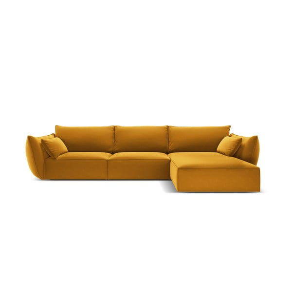 Garstyčių spalvos iš velveto kampinė sofa (su dešiniuoju kampu/su gultu) Vanda – Mazzini Sofas