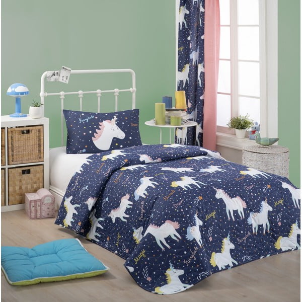 Lovos užvalkalo ir pagalvės užvalkalo rinkinys iš medvilnės mišinio "Eponj Home Magic Unicorn Dark Blue", 160 x 220 cm