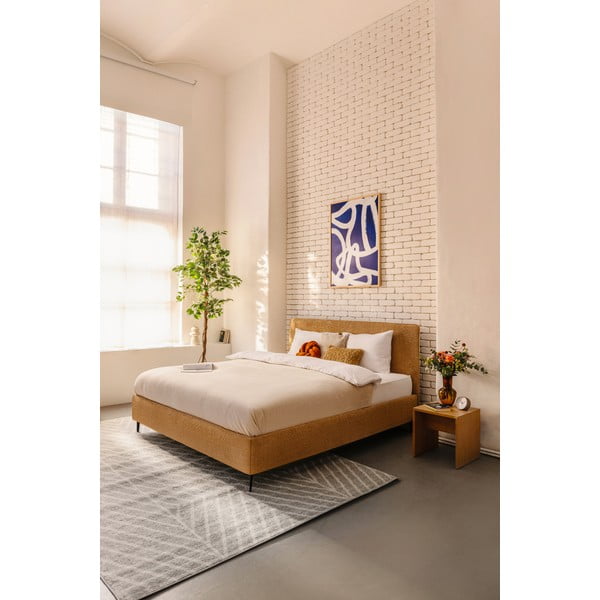 Garstyčių spalvos dvigulė lova audiniu dengta su grotelėmis 180x200 cm Noira Slim – Bonami Selection-image-1