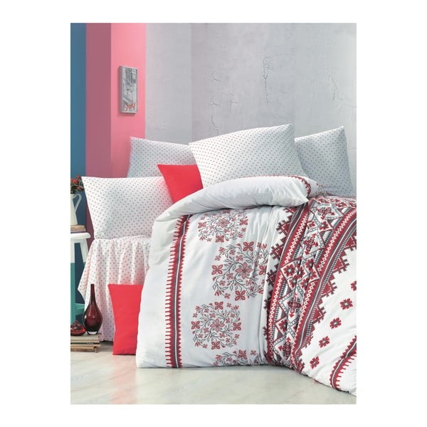 Raudonos ir baltos spalvos patalynė ir paklodė dvigulei lovai "Mira", 200 x 220 cm