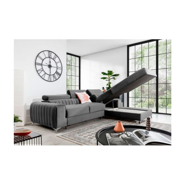 Pilkos spalvos iš velveto sulankstoma/su sandėliavimo vieta kampinė sofa (su dešiniuoju kampu/su gultu) Grayson – ELTAP-image-3