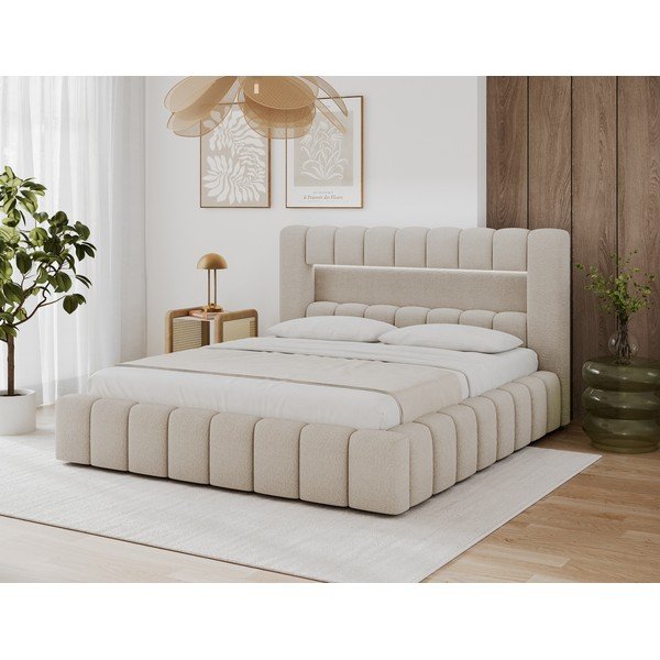 Smėlio spalvos dvigulė lova audiniu dengta su sandėliavimo vieta su lovos grotelėmis 140x200 cm Lamica – ELTAP-image-1