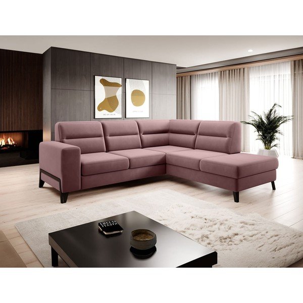 Rožinės spalvos iš velveto sulankstoma/su sandėliavimo vieta kampinė sofa (su dešiniuoju kampu/„L“ formos) Cassara – ELTAP-image-1