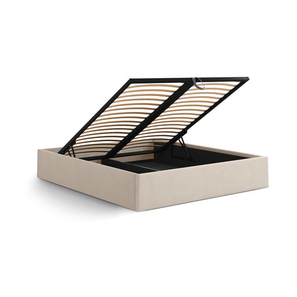 Šviesiai rudos spalvos dvigulė lova audiniu dengta su sandėliavimo vieta/be galvūgalio su lovos grotelėmis 160x200 cm Susan – Micadoni -image-3