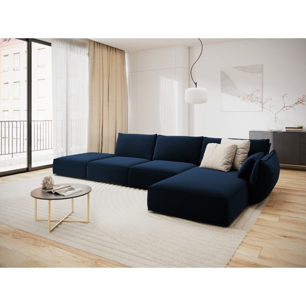 Tamsiai mėlynos spalvos iš velveto kampinė sofa (su dešiniuoju kampu/su gultu) Vanda – Mazzini Sofas-image-1