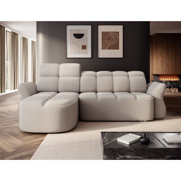 Smėlio spalvos iš boucle sulankstoma/su sandėliavimo vieta kampinė sofa (su kairiuoju kampu/su gultu) Beneth – ELTAP-image-1