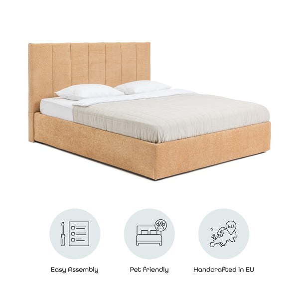 Garstyčių spalvos dvigulė lova audiniu dengta su sandėliavimo vieta su grotelėmis 160x200 cm Thessa Bold Line – Bonami Selection-image-4