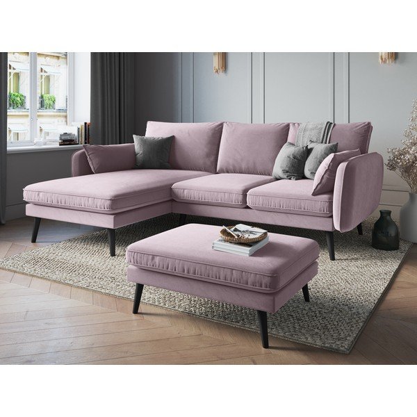 Šviesiai rausva aksominė kampinė sofa su juodomis kojomis Kooko Home Lento, kampas kairėje-image-1