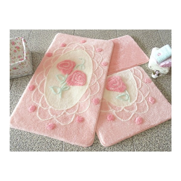 Trijų rožinių vonios kambario kilimėlių su rožių motyvais rinkinys "Knit Knot
