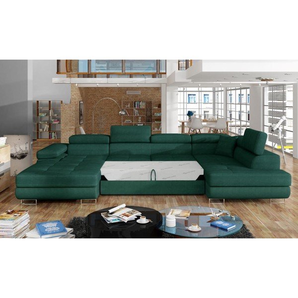 Žalios spalvos iš velveto sulankstoma/su sandėliavimo vieta kampinė sofa (su dešiniuoju kampu/„U“ formos) Rodrigo – ELTAP-image-2