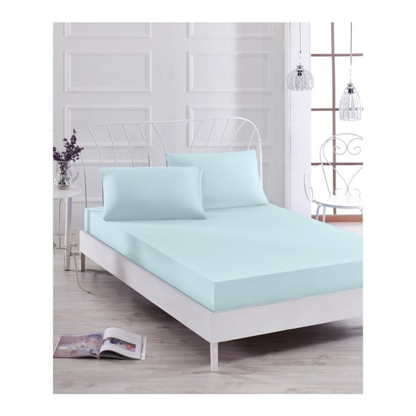 Šviesiai mėlynos spalvos paklodžių ir 2 užvalkalų rinkinys viengulėlei lovai Basso Azul, 160 x 200 cm