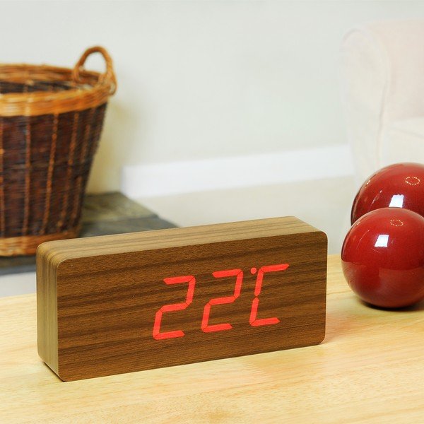 Tamsiai rudas žadintuvas su raudonu LED ekranu Gingko Slab Click Clock-image-1