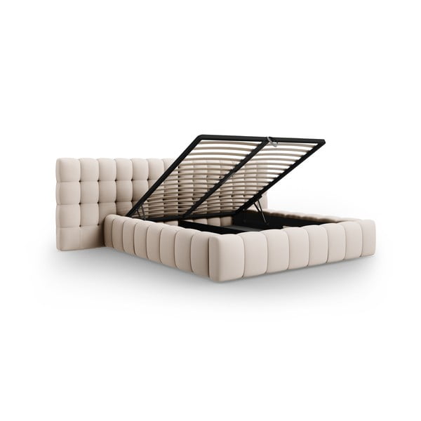 Dvigulė lova smėlio spalvos audiniu dengta su sandėliavimo vieta su lovos grotelėmis 160x200 cm Mamaia – Micadoni Home-image-3