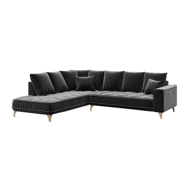 Tamsiai pilka aksominė kampinė sofa Devichy Chloe, kairysis kampas, 288 cm