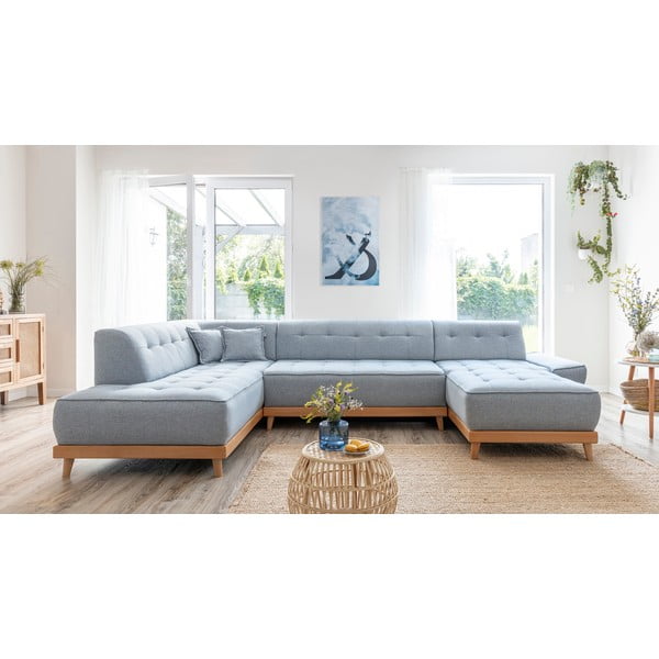 Šviesiai mėlyna sofa-lova U formos Miuform Dazzling Daisy, kairysis kampas-image-1