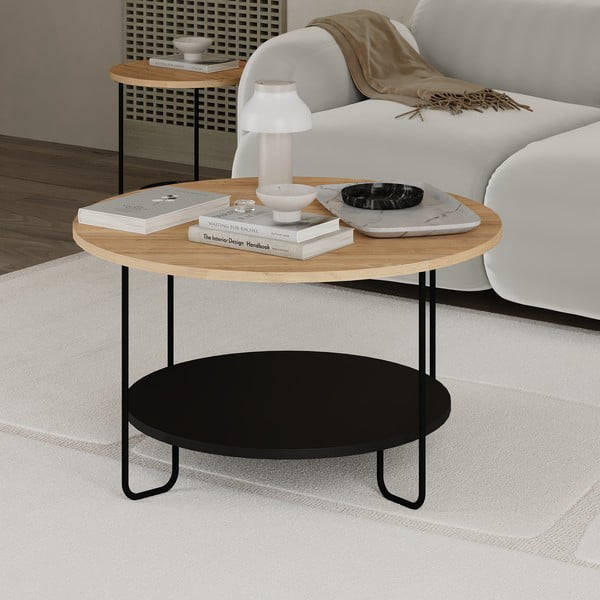 Apvalios formos kavos staliukas juodos spalvos/natūralios spalvos su ąžuolo dekoro stalviršiu ø 80 cm Tonka – Marckeric-image-2