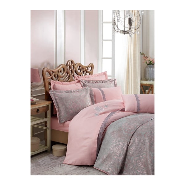 Rožinės ir pilkos spalvos dvigulė lova su užvalkalais Ornella, 250 x 260 cm