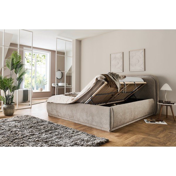 Smėlio spalvos dvigulė lova audiniu dengta su sandėliavimo vieta su lovos grotelėmis 160x200 cm Soma – Meise Möbel-image-1