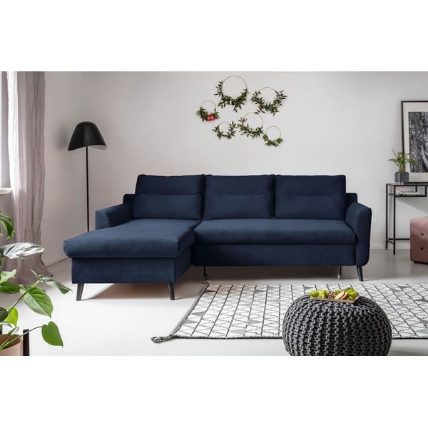 Tamsiai mėlyna velvetinė kampinė sofa-lova Miuform Stylish Stan, kairysis kampas-image-1