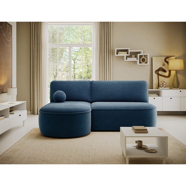 Tamsiai mėlynos spalvos sulankstoma/su sandėliavimo vieta kampinė sofa iš kordinio velveto (su kairiuoju kampu/su gultu) Livosa – ELTAP-image-1