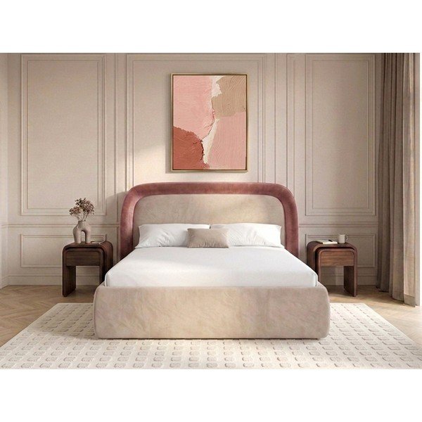 Rožinės spalvos dvigulė lova audiniu dengta su sandėliavimo vieta su lovos grotelėmis 180x200 cm Sam – Bobochic Paris-image-1
