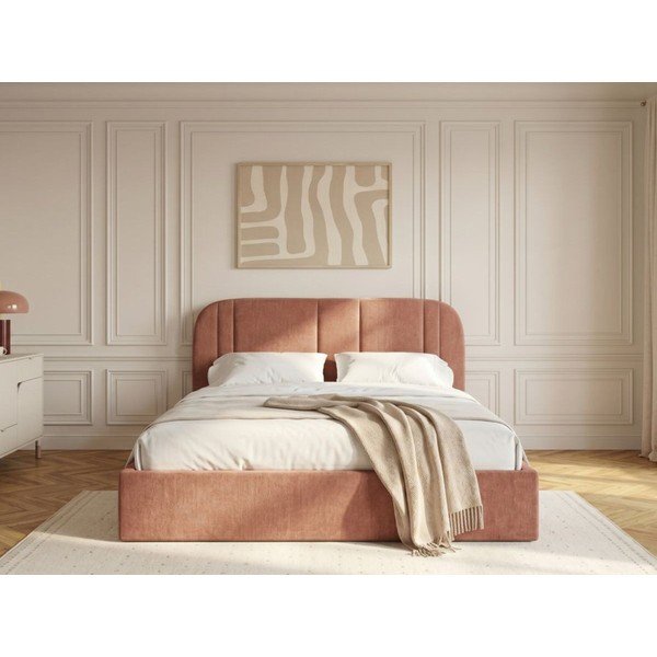 Rožinės spalvos dvigulė lova audiniu dengta su sandėliavimo vieta su lovos grotelėmis 180x200 cm Sidney – Bobochic Paris-image-2