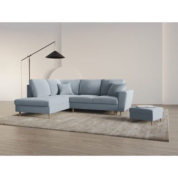 Šviesiai mėlynos spalvos iš velveto sulankstoma/su sandėliavimo vieta kampinė sofa (su kairiuoju kampu/„L“ formos) Kyoto – Cosmopolitan Design-image-1