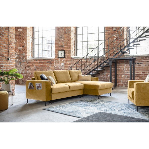 Garstyčių geltonos spalvos aksominė kampinė sofa Miuform Lofty Lilly, dešinysis kampas-image-4