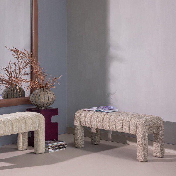 Šviesiai rudos spalvos paminkštinto audinio suolas iš boucle Frex – WOOOD-image-3