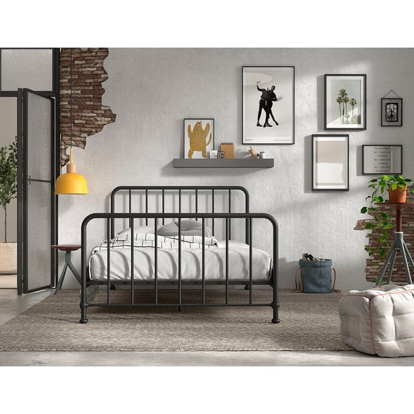 Viengulė lova iš metalo juodos spalvos su lovos grotelėmis 140x200 cm BRONXX – Vipack-image-3