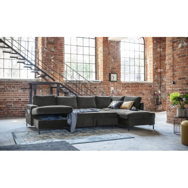 Mėlyna aksominė U formos sofa Miuform Lofty Lilly, dešinysis kampas-image-3