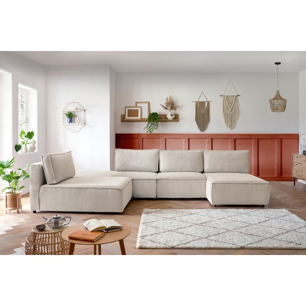 Kampinė sofa kreminės spalvos iš kordinio velveto (kintama) Nihad modular – Bobochic Paris-image-1