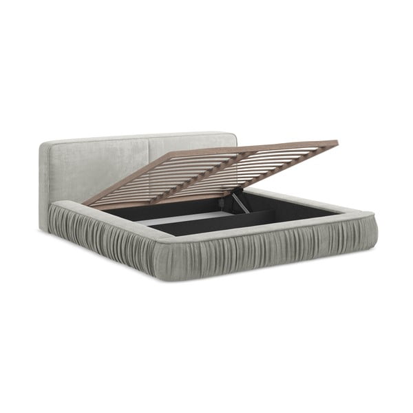 Šviesiai pilka minkšta dvigulė lova su laikymo vieta ir grotelėmis 180x200 cm Keoni - Makamii-image-2