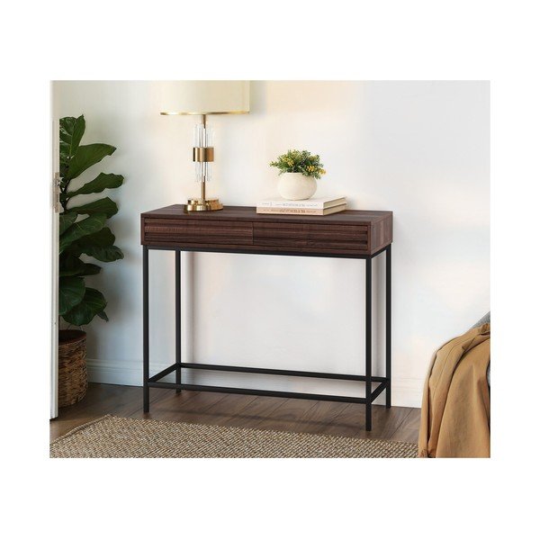 Konsolinis staliukas tamsiai rudos spalvos su riešutmedžio dekoro stalviršiu 35x90 cm Celine – Støraa-image-1