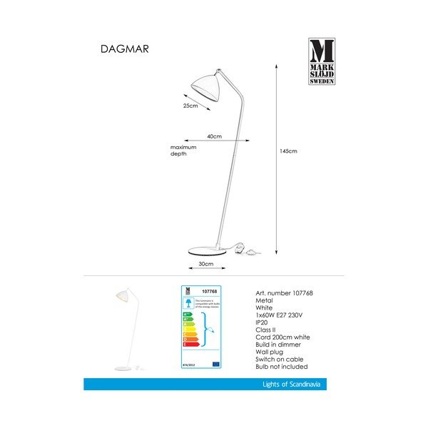 Baltas grindų šviestuvas "Markslöjd Dagmar Uno Floor White", aukštis 1,45 m-image-3